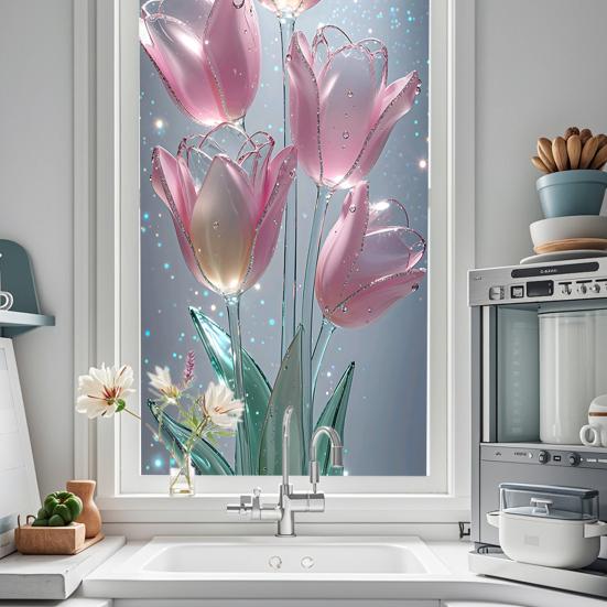 Flowers Window Privacy Film Stained Glass Tulip Butterfly Window Cling Static Glass Sticker for Home Kitchen Office Bathroom