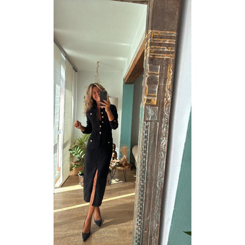 Buttons Denim Dress Autumn Women   Turn Down Collar Jean Dresses Female Vintage Casual Cowboy Long Dress