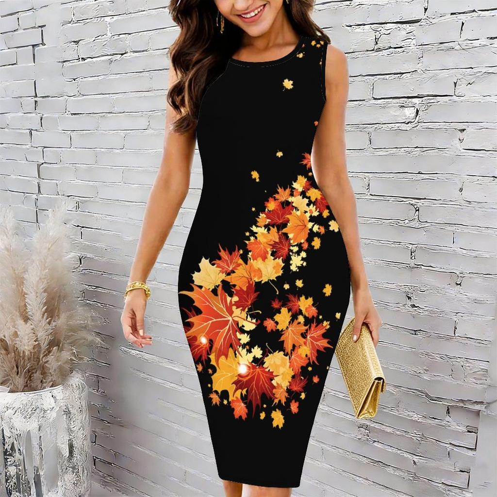 Women Plus Size Sleeveless Round Neck Midi Bodycon Dress Colorful Watercolor Floral Print Slim Fitted Dress