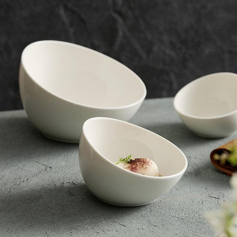 Ceramic Bowl Household Noodle  Fruit Salad  Premium White Oblique Bowl Sweet Hot Pot Dipping Commercial