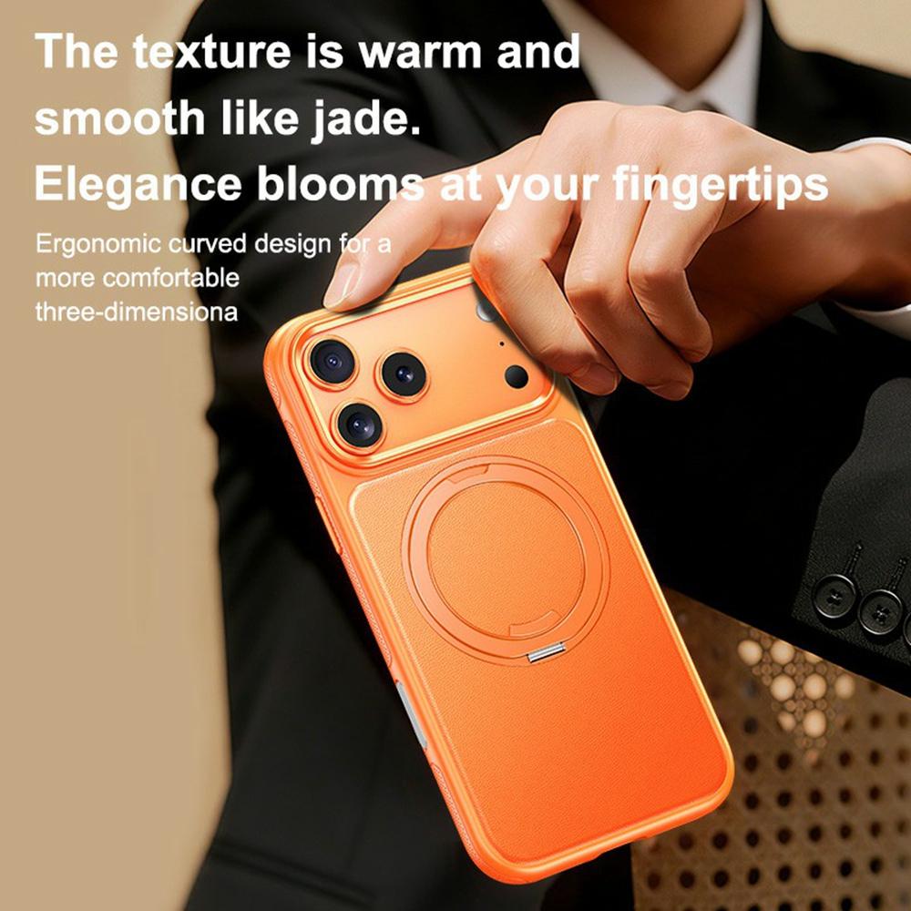 For iPhone 17 Pro Case Compatible with MagSafe Rotating Kickstand Litchi Texture PC TPU Phone Cover