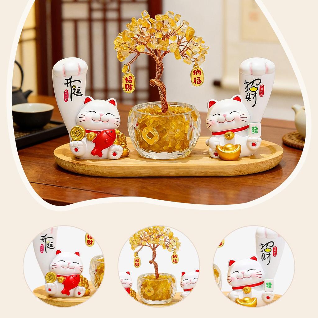 Resin Wood Cat Sculpture Feng Shui Lucky Cat Money Tree Ornament for TV Cabinet Birthday Gift