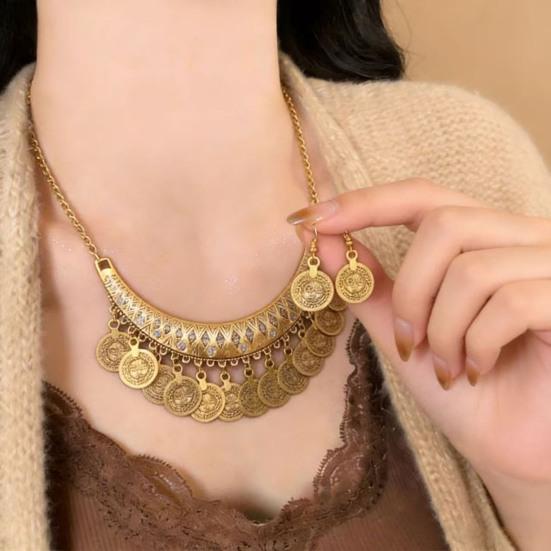 2 Stück/Set Halskette Ohrringe Set Verstellbare Kette Retro Graviertes Muster Münze Quasten Braut Halskette mit Strasssteinen Eingelegt Schmuck Geschenk