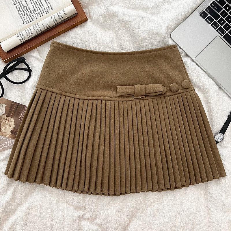 Sweet Bow A-Line Wool Skirt - High Waist, Slimming, Anti-Exposure, Women's Spring/Summer Hip-Hugging Short Skirt.