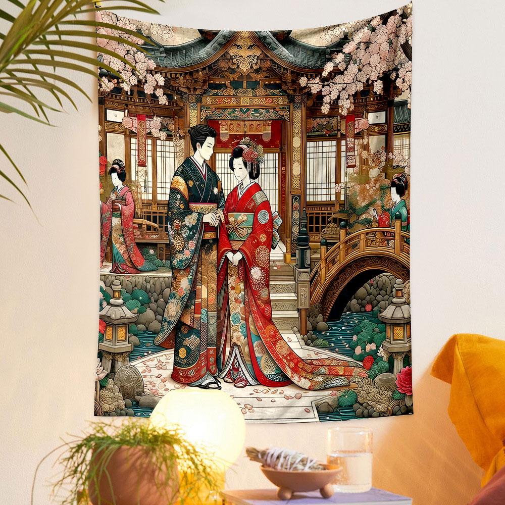 Traditional Japanese Wedding Scene Patterned Tapestry Decorative Wall Hanging, Home Bedroom Living Room Decor