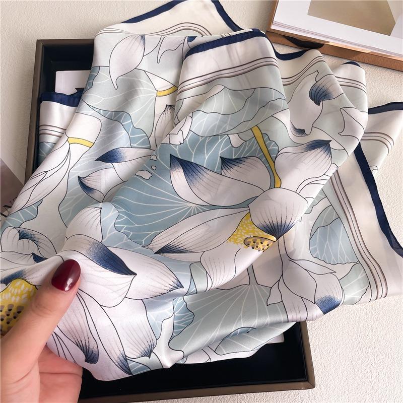 68Cm Lotus Pattern Square Scarf Women Simulated Silk Plant Print Versatile Headwear Clothing And Accessories Square Scarf
