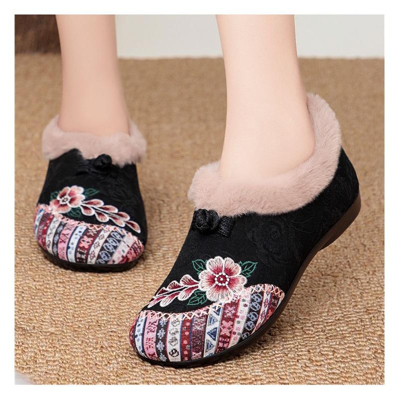 Womens Ethnic Floral Embroidery Cotton Shoes Fleece Lined Slip On Warm Flat Winter Casual Ankle Booties
