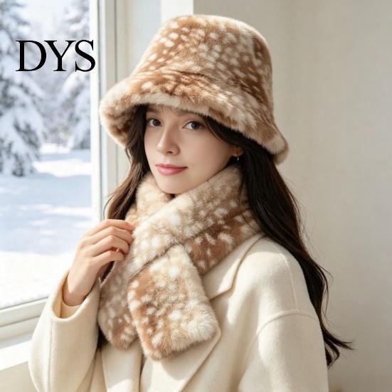 Cute Aesthetic Winter Hat Women Spotted Deer Hat, Faux Fur Bucket Scarf, Warm Soft Cozy Furry Fisherman for Girls, Autumn Accessory