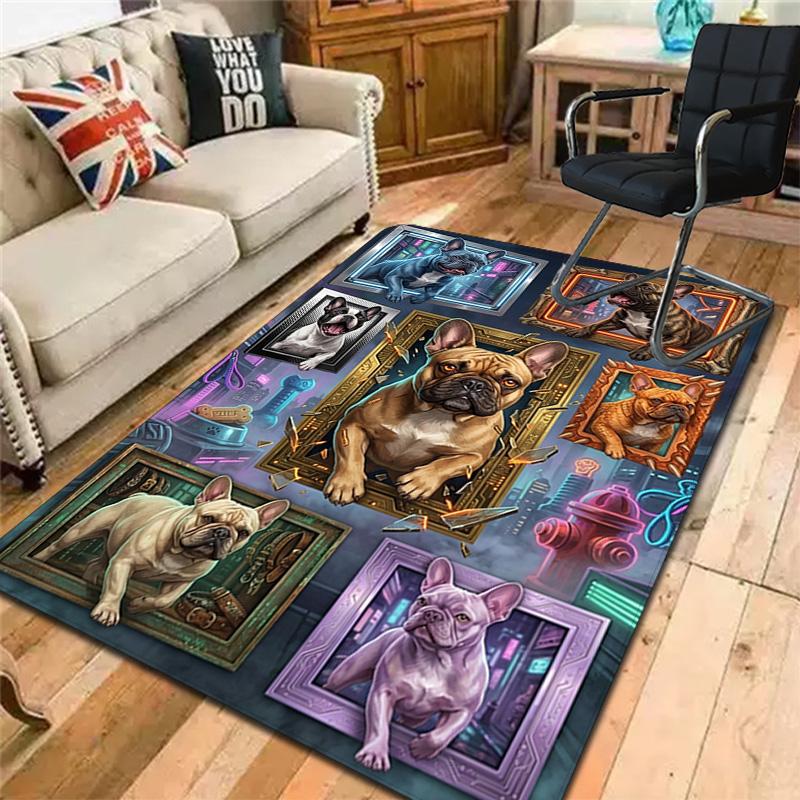 Frenchie Frames Neon Cityscape Pattern Rug Floor Mat for Living Room or Bedroom Soft and Comfortable Carpet a Gift for Birthday and Holiday.
