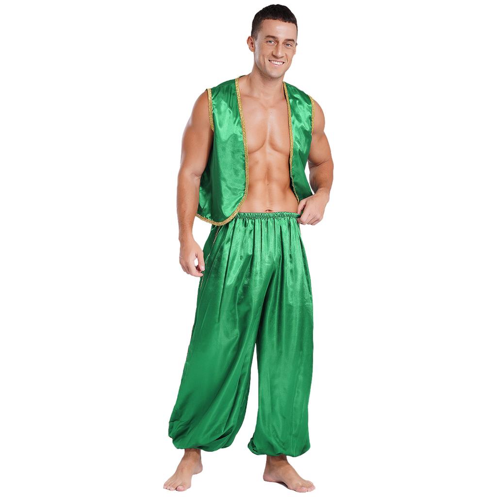Completo da Uomo Principe Arabo con Bordi Dorati in Raso, Gilet Aperto Davanti e Pantaloni Elasticizzati