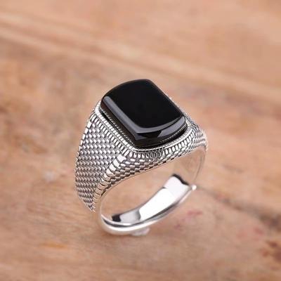 Vintage Faux Onyx Rings for Men Temperament Stainless Steel Adjustable Open Wide Ring Silver Color  Punk Jewelry Gifts