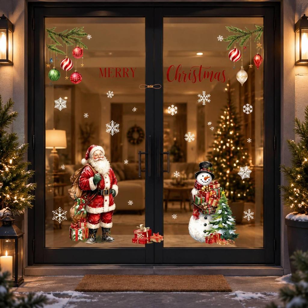 2 Pieces Glass Door Decals Festive Holiday Window Decoration with Santa and Snowman LowProfile