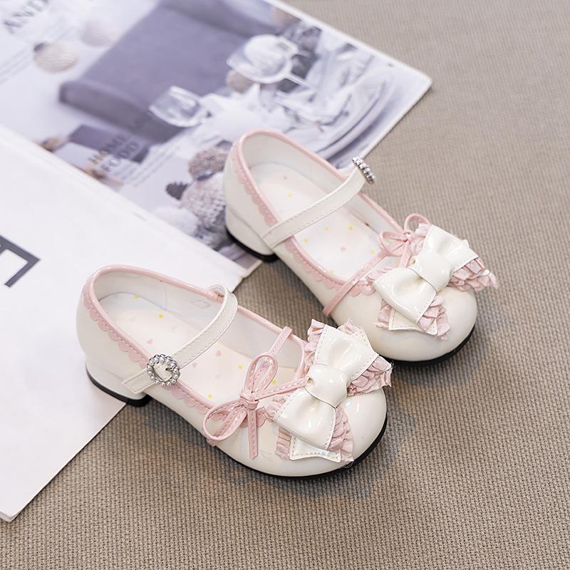 

Children Party Leather Shoes Girls PU Low Heel Lace Flower Kids Shoes for Girls Single Shoes Dance Dress Shoe White Pink 35