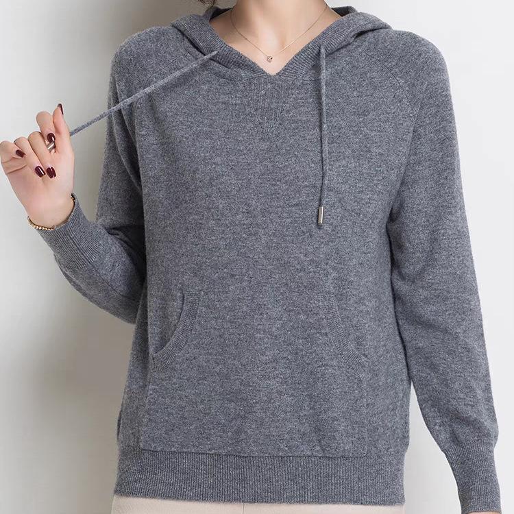 Classic sweater jacket knitted top spring and autumn long sleeves solid color versatile casual shoulder sleeves hooded sweater women's