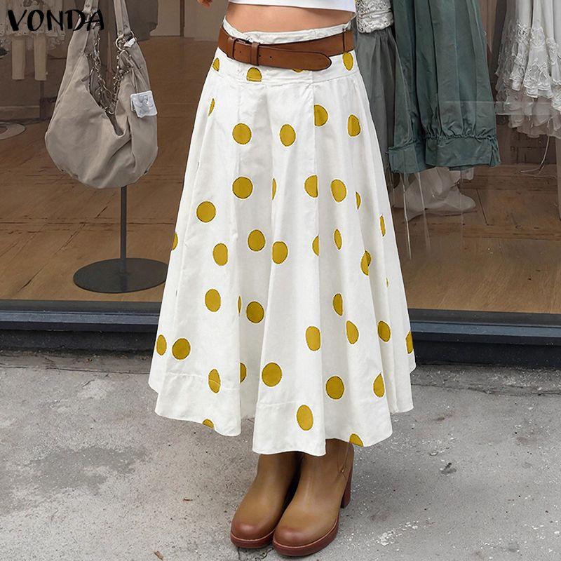 VONDA Women Zip-up Waist Casual Polka Dots Print Swing Pleated Skirts