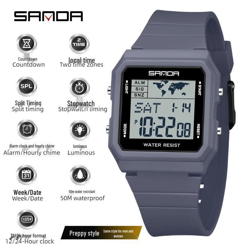 SANDA Youth Sports Luminous Waterproof Multifunction Watch with World Time & Alarm