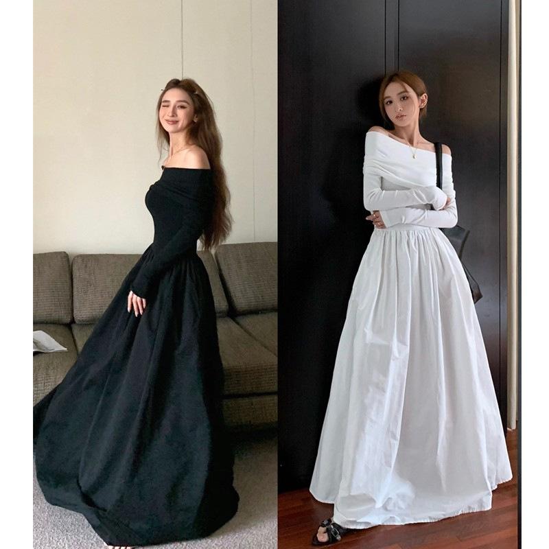 

New Hepburn style black one-word off-the-shoulder long-sleeved dress women s spring and autumn temperament long skirt S чёрный