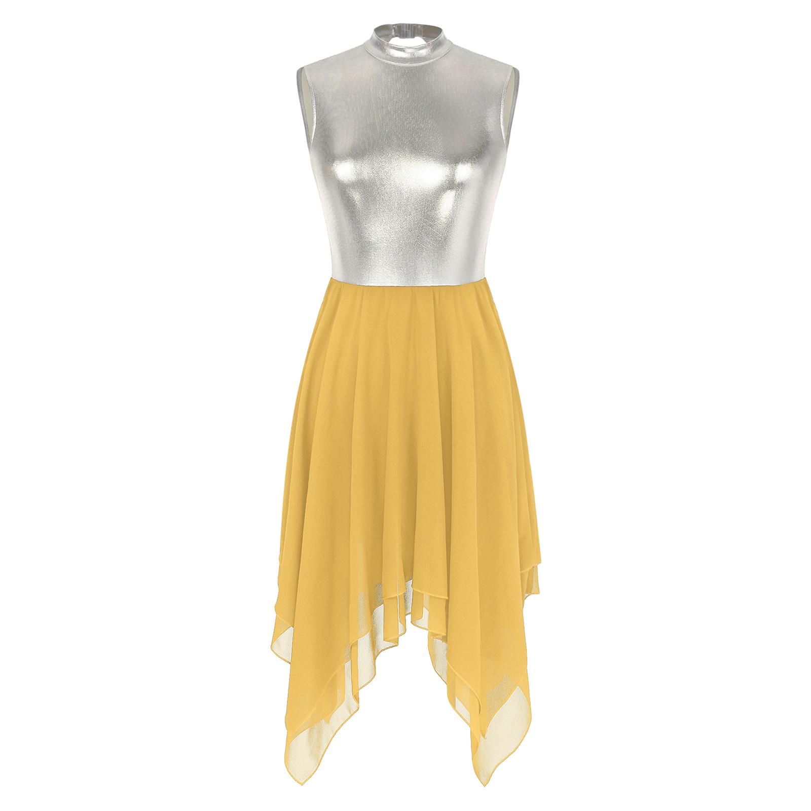 

Жіноча металева танцювальна сукня без рукавів із замковою щілиною назад шифоновий ліричний костюм для виступу кольоровий блок сценічний костюм S