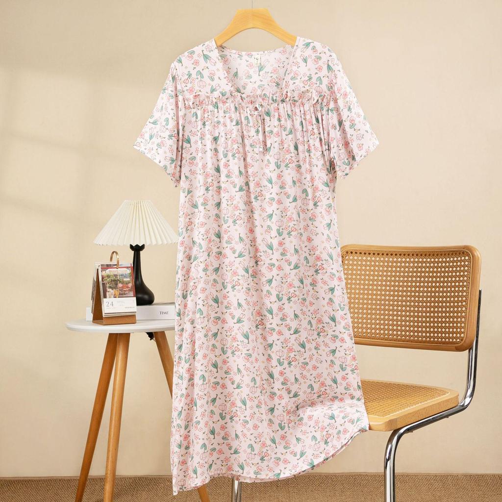 Plus Size Cotton-Silk Cartoon Floral Pajama Dress: Lightweight, Loose-Fit, Summer Homewear