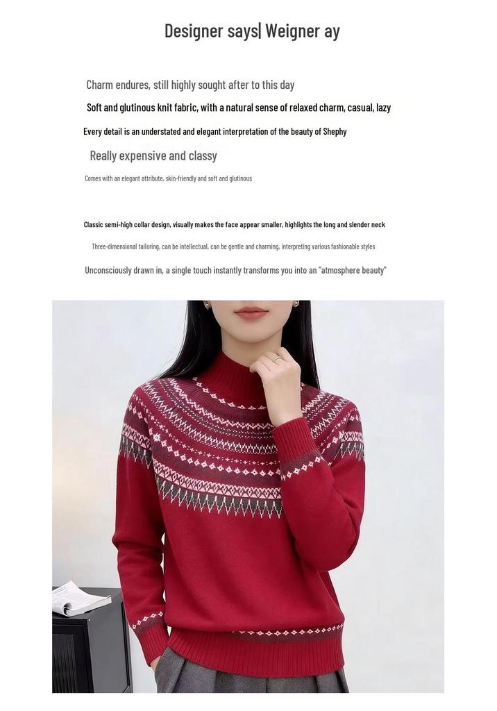 Fair Isle Women's Retro Cashmere Sweater - French Style Round Neck Pullover, Long Sleeve Knitwear