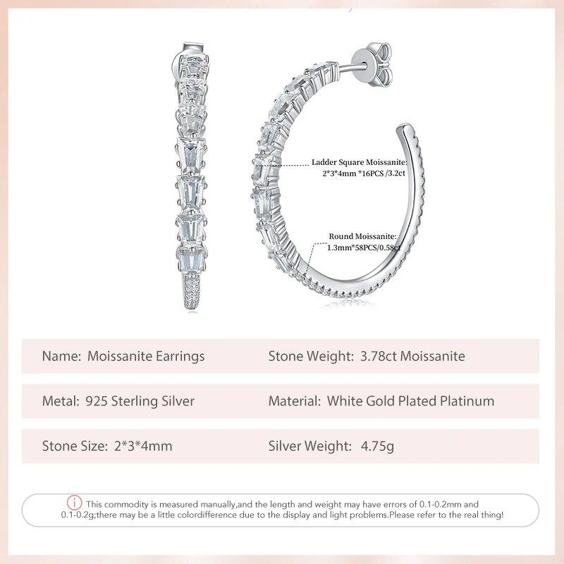 Total 3.78ct 2*3*4mm Ladder Square Full Moissanite Stud Earrings for Women 925 Sterling Sliver with 18k Gold Plated