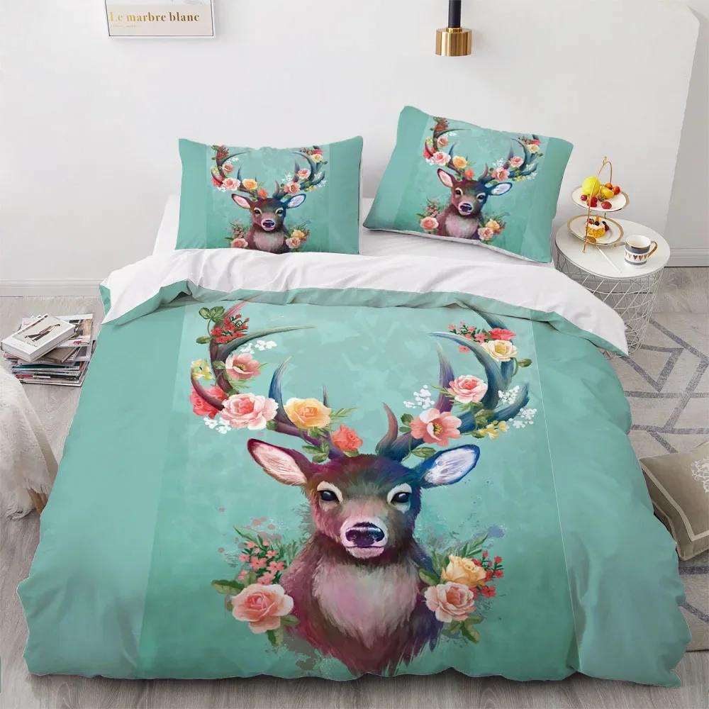 Comforter Us Size Bedding Queen King Size 2/3Pcs Deer And Flowers Autumn Leaves S Pillow Shams Single Double Kids Bed Set