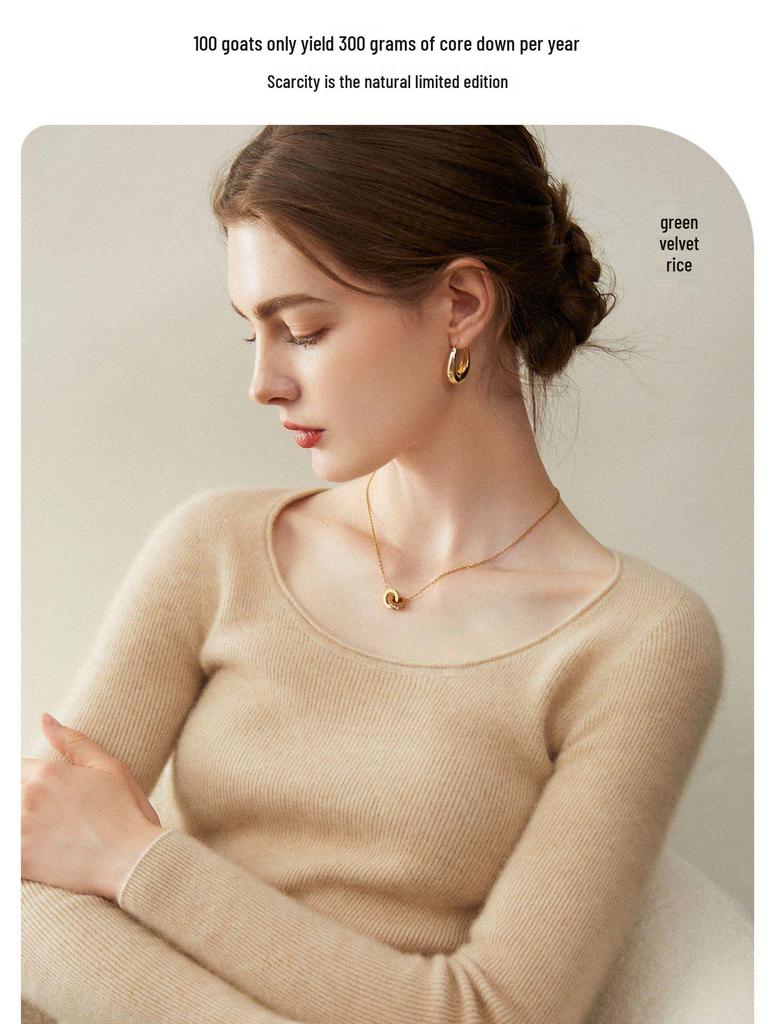 Women's Cashmere Ribbed Slim-Fit U-Neck Sweater - Soft, Fluffy, Autumn/Winter Style