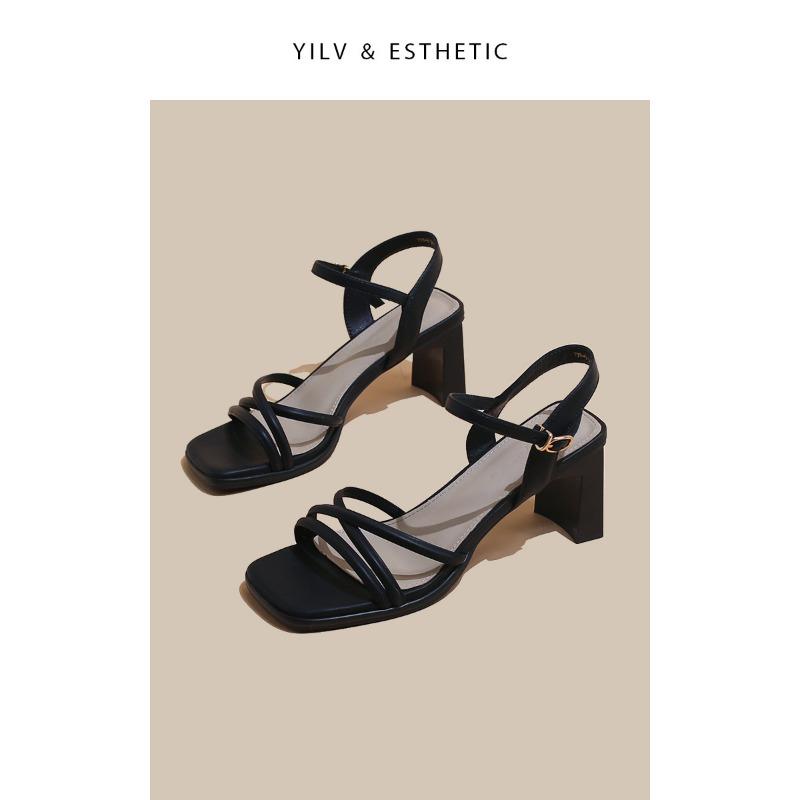 Temperament Thick Heel High Heels Women's White with Skirt One-word Buckle Sandals Women's Spring and Summer Middle Heel New Models