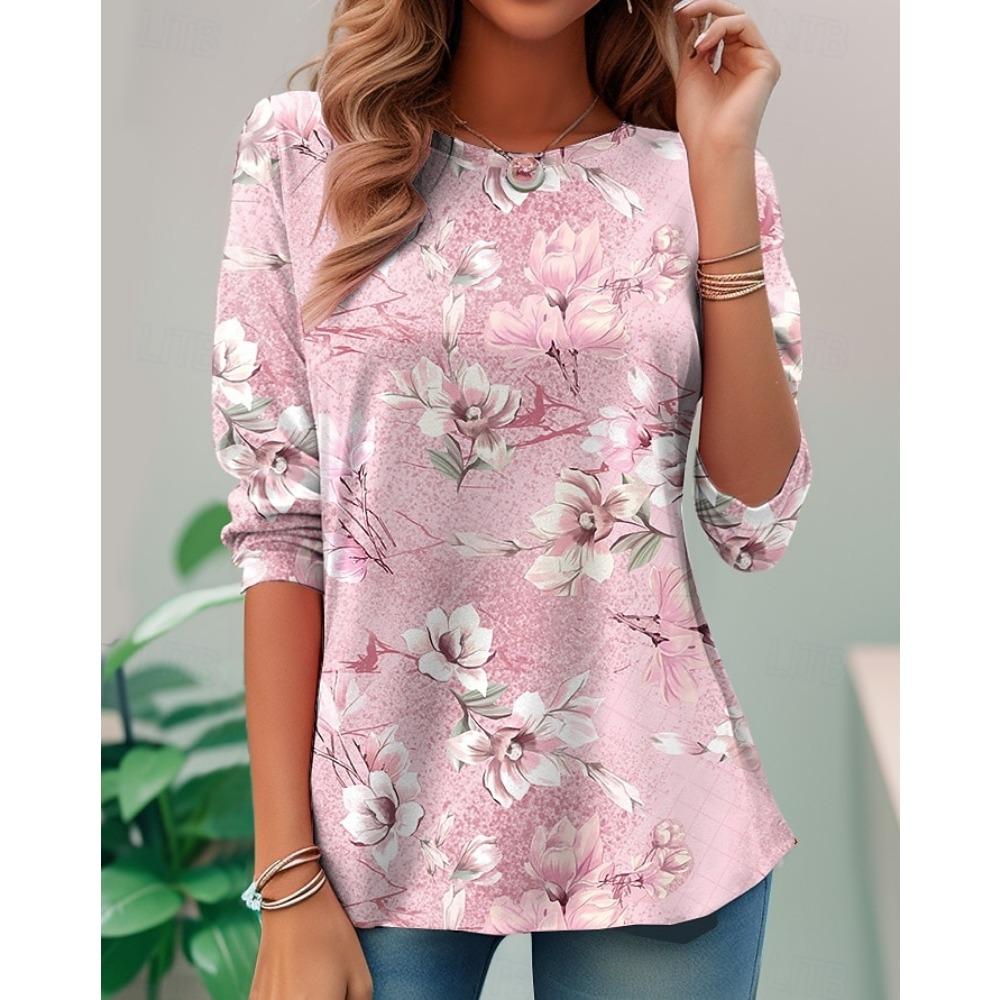 Women s T Shirt Print Floral Graphic Plants Vintage Fashion Stylish Long Sleeve S