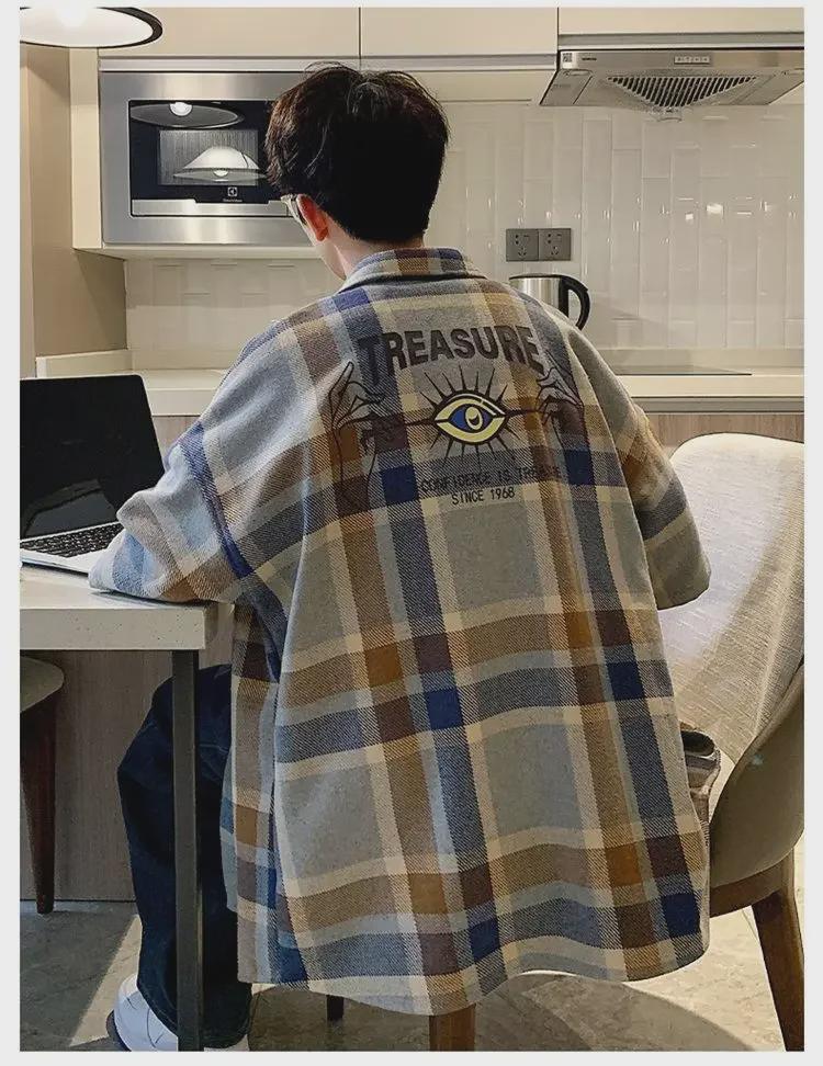 2024 Spring/Summer Plaid Short-Sleeve Loose Shirt for Male Students