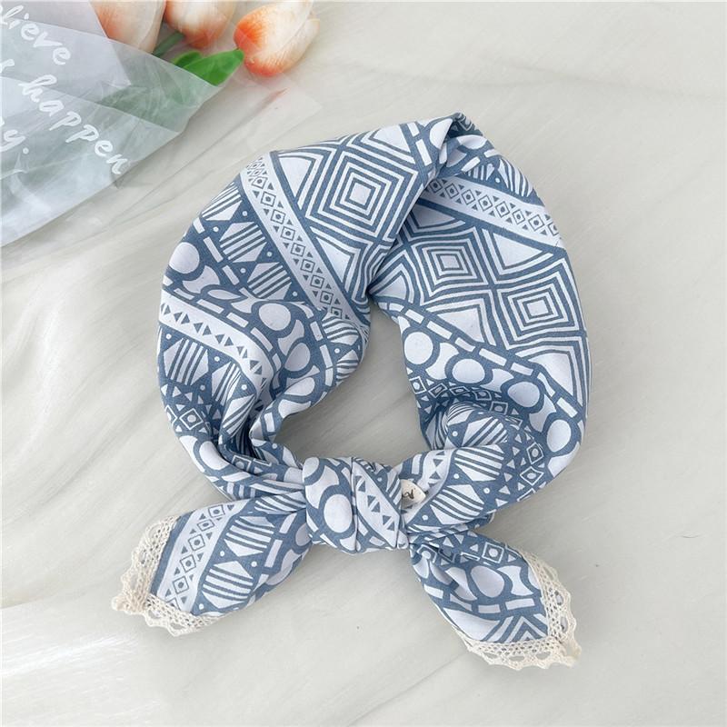 Cotton Linen Lace Edge Square Scarves 60cm Kerchief Neckerchief Bandanas Women Casual Neck Scarf Plaid Print Geometric Pattern