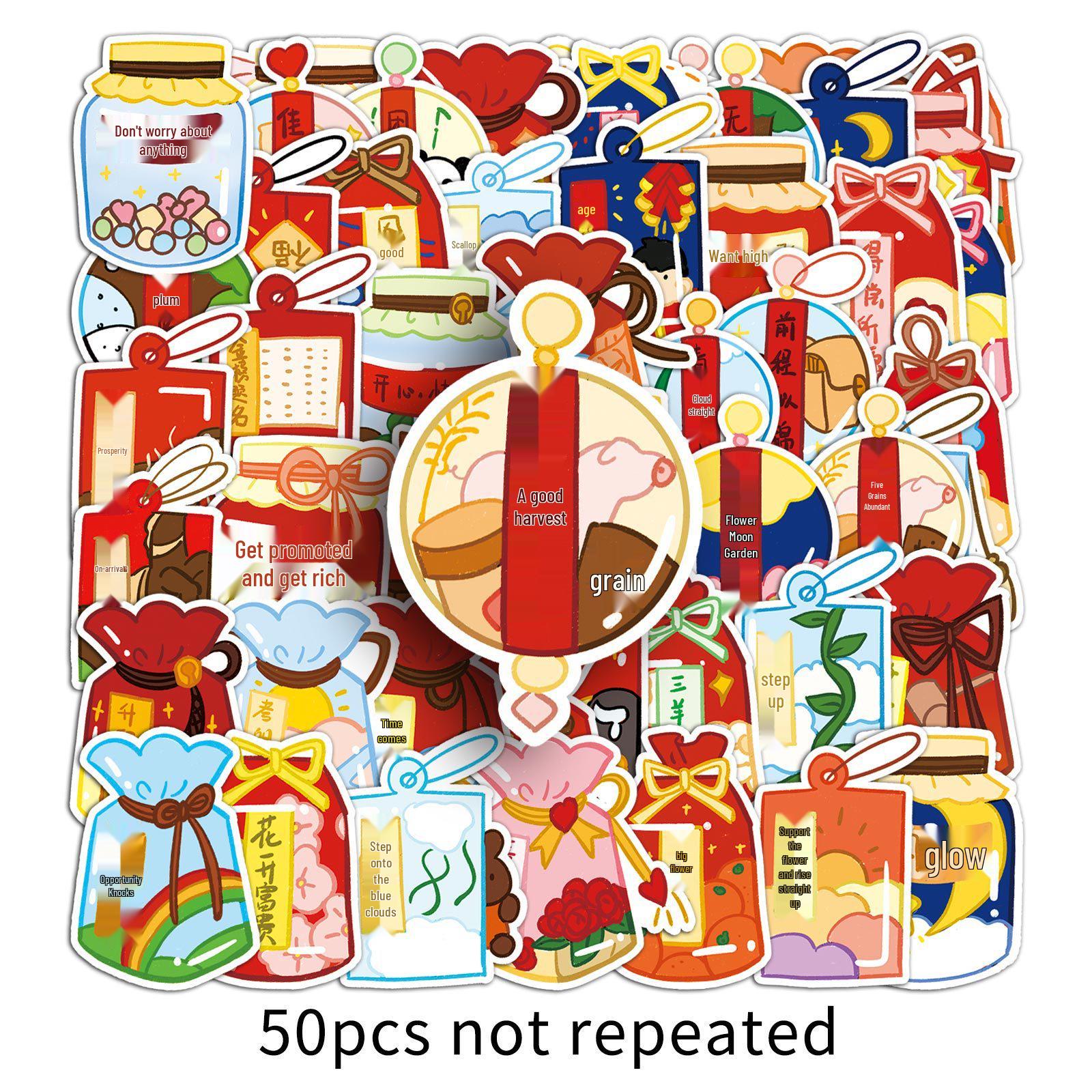 50 Hand-Painted Chinese New Year Lucky Bag Stickers for Cups, Suitcases, and Phones