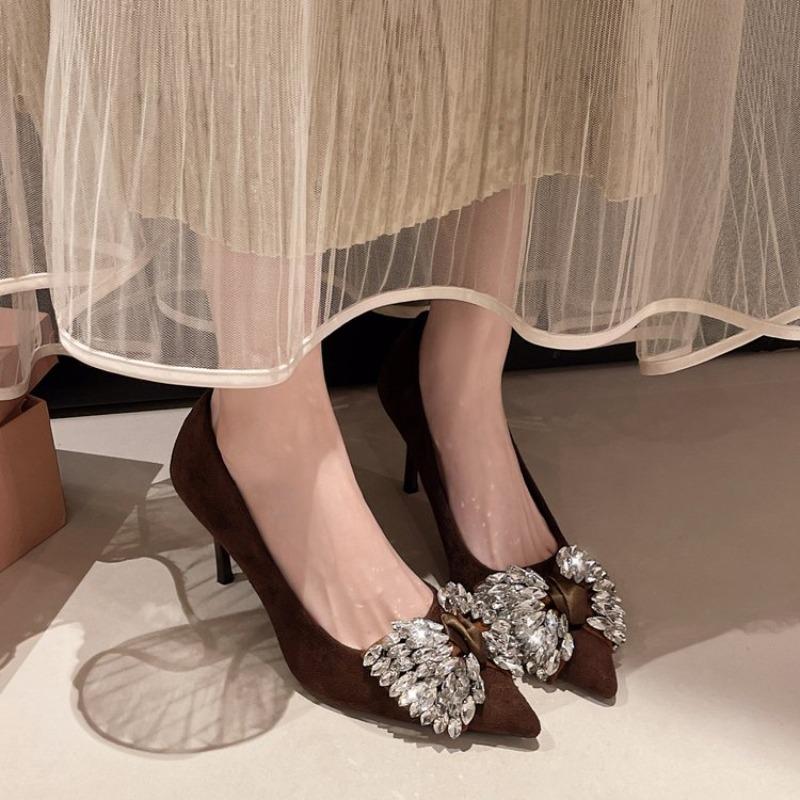 Elegant Black Velvet High Heels Women's Shoes French Design Tassel Diamond Embellished Floral Patterned Shoes for Autumn Winter