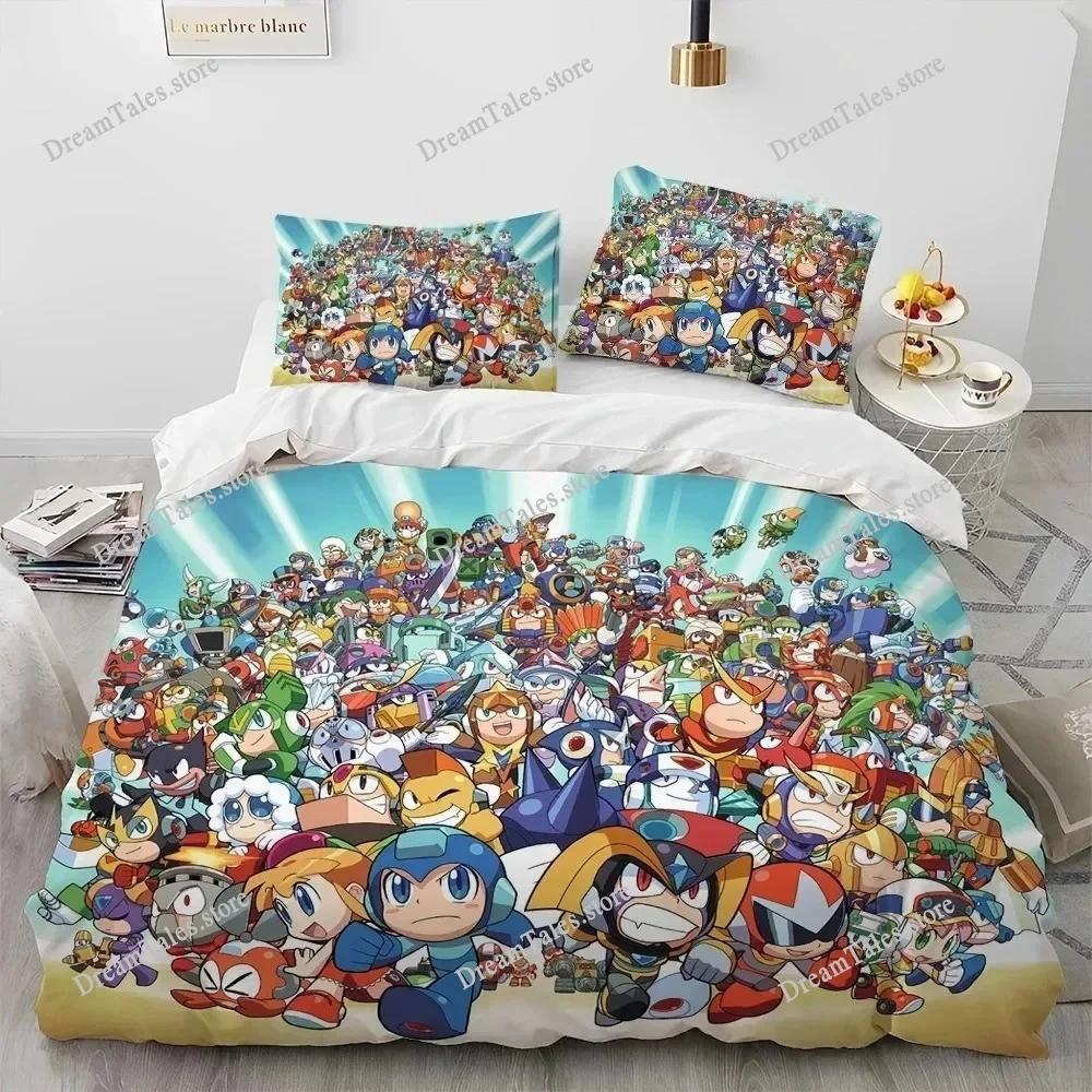 Set Biancheria da Letto Copripiumino 3D Rockman Megaman Gioco Cartone Animato, Copripiumino Set Letto Coperta Federa, Set Biancheria da Letto Matrimoniale Queen Size Bambino