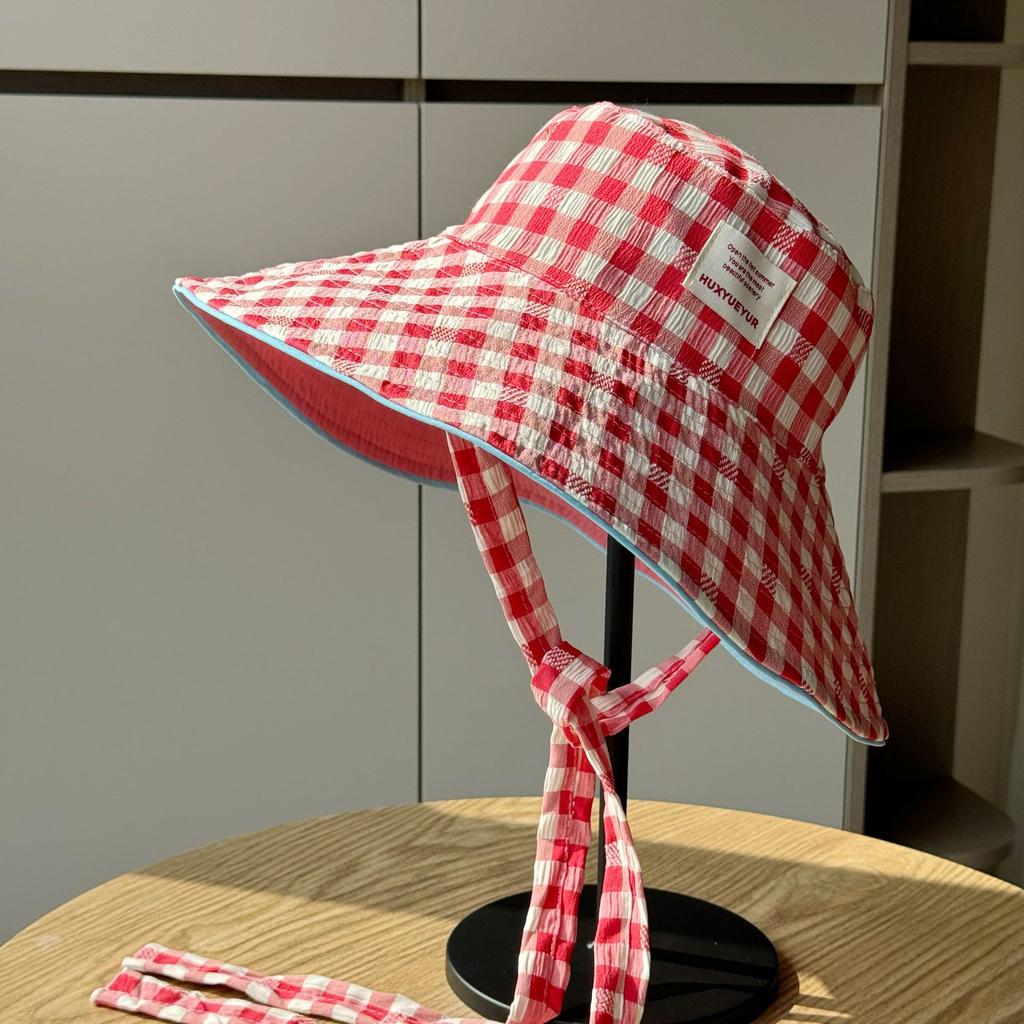 Wide-brimmed Double-sided Sun Protection Hat for Women, Spring and Summer Plaid Versatile Casual Fisherman Hat, Outdoor Travel Vacation Sun Hat