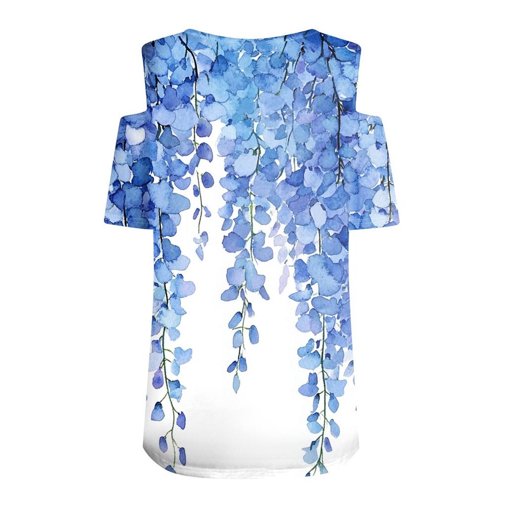 Women's Summer Fashion Casual Floral Print Off-the-shoulder V-neck Short-sleeved T-shirt Top