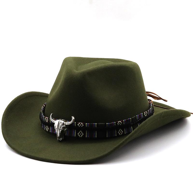 Black Soft Felt Waterproof Sweatband Traditional Wide Brim Men and Women Western Outback Cowboy Hat With Bull Head Fedora Cap