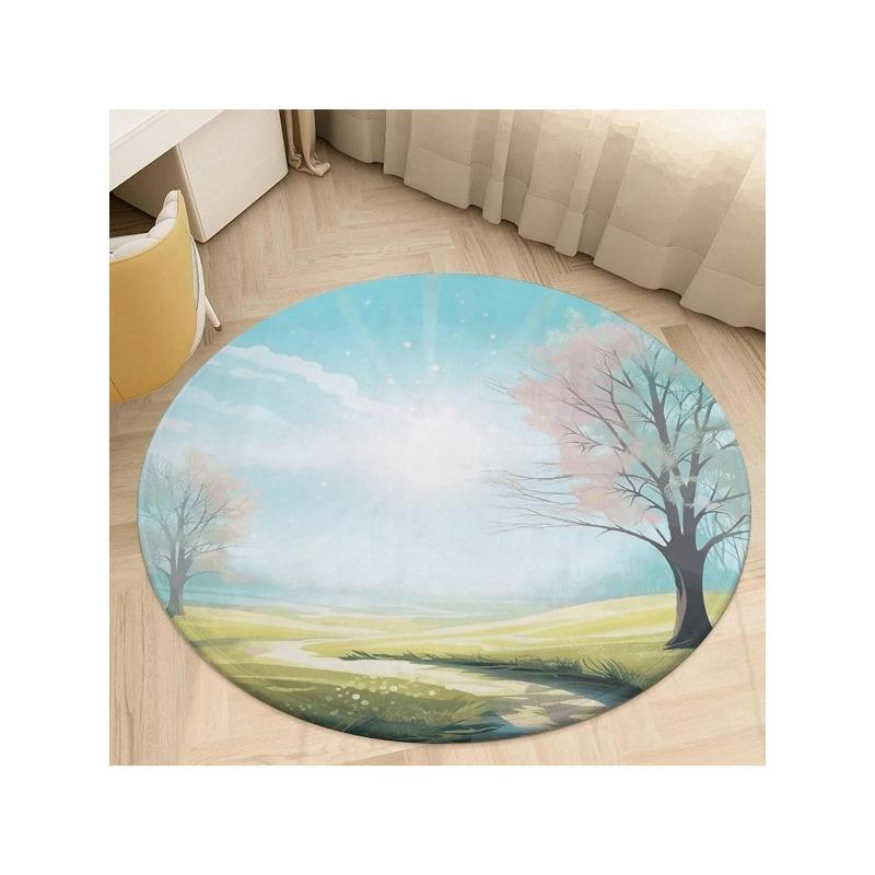 

Round Rug Soft Absorbent Bath Mat Non-Slip Chair Pad Cartoon Spring Scene Area Rug for Living Room Doormat Small Floor Carpet 100cm