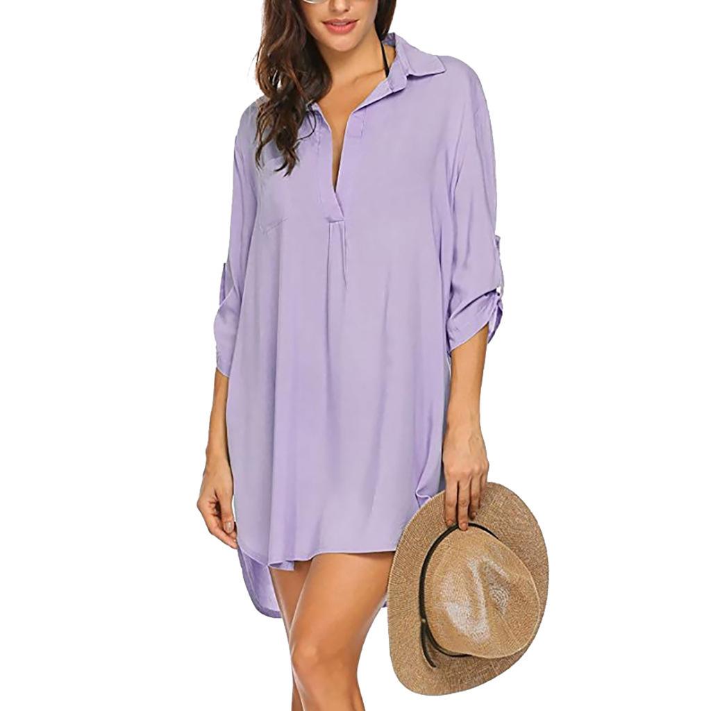 2026 SS Women's Deep V-Neck Beach Cover Up | Sun Protection Swim Shirt Dress - Summer Sheer Coverup Dress for Pool & Resort (Multi-Functional)