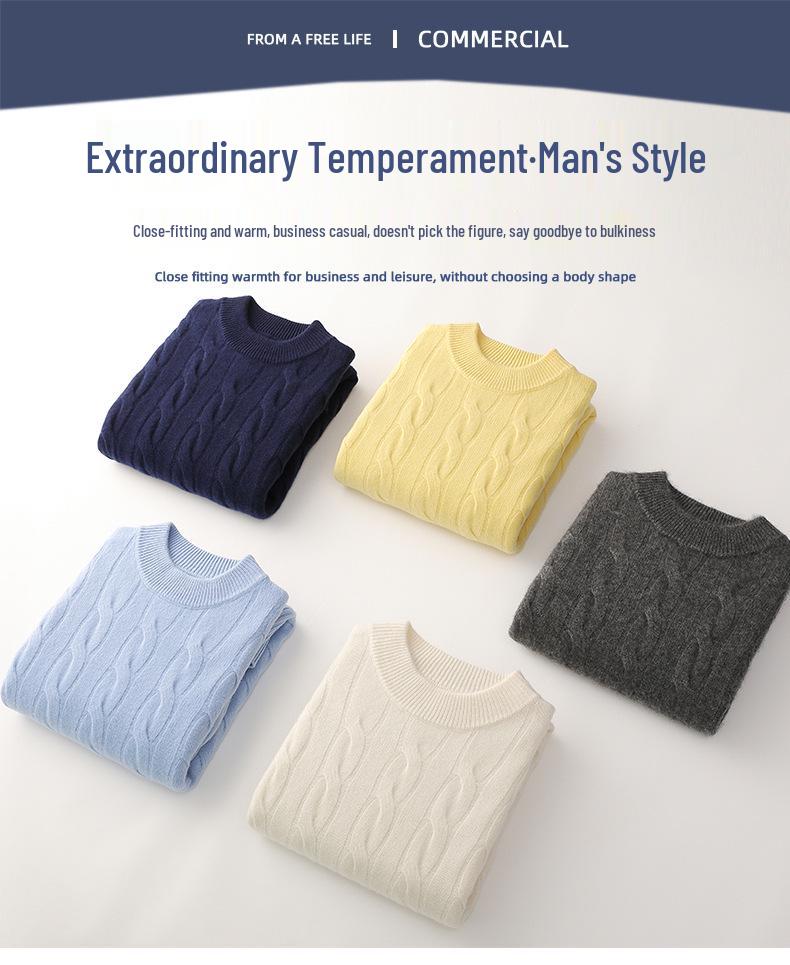 Men's Pure Wool Thick Cable Knit Sweater - Round Neck Solid Color for Autumn and Winter