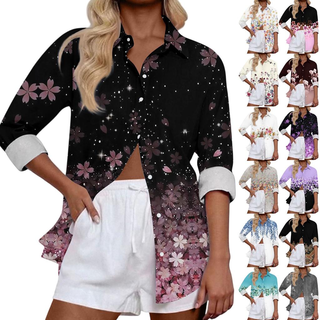 Women's Casual Fashion Tops Long Sleeve Button Loose Shirt