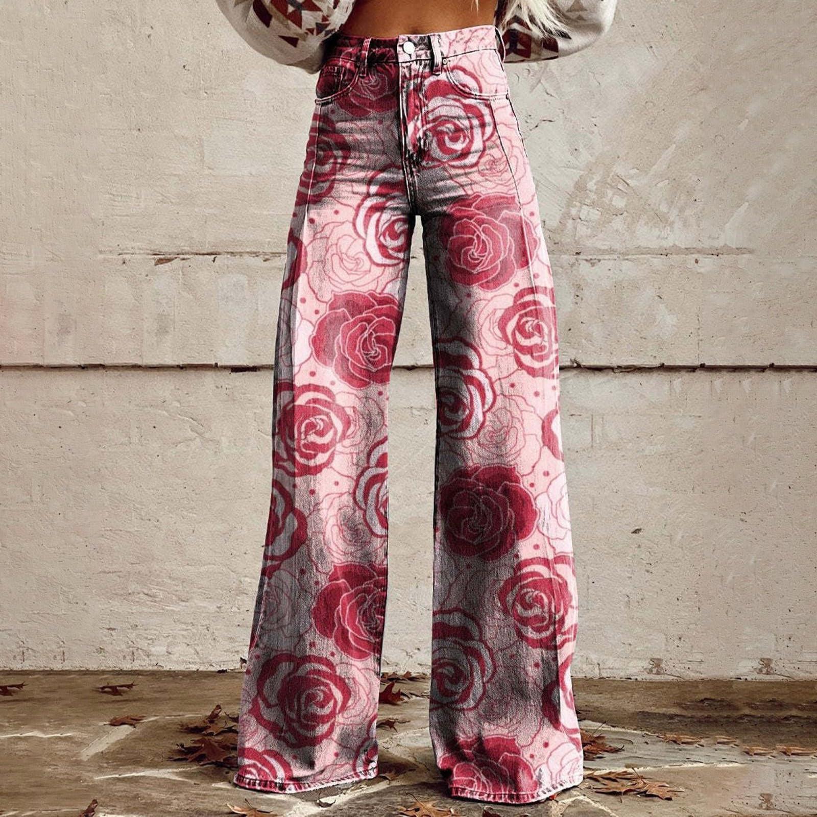 

Широкие расклешенные джинсы для женщин с карманами, мешковатые брюки с винтажным цветочным принтом и высокой талией, свободные брюки M розовый