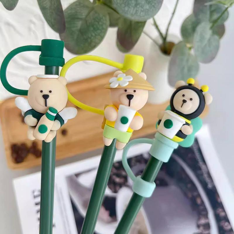 1PC Cute Bear Silicone Straw Cover Caps 7-8mm Straw Topper Reusable Splash Dust-proof Straws Cover For Tumbler Cup Accessories