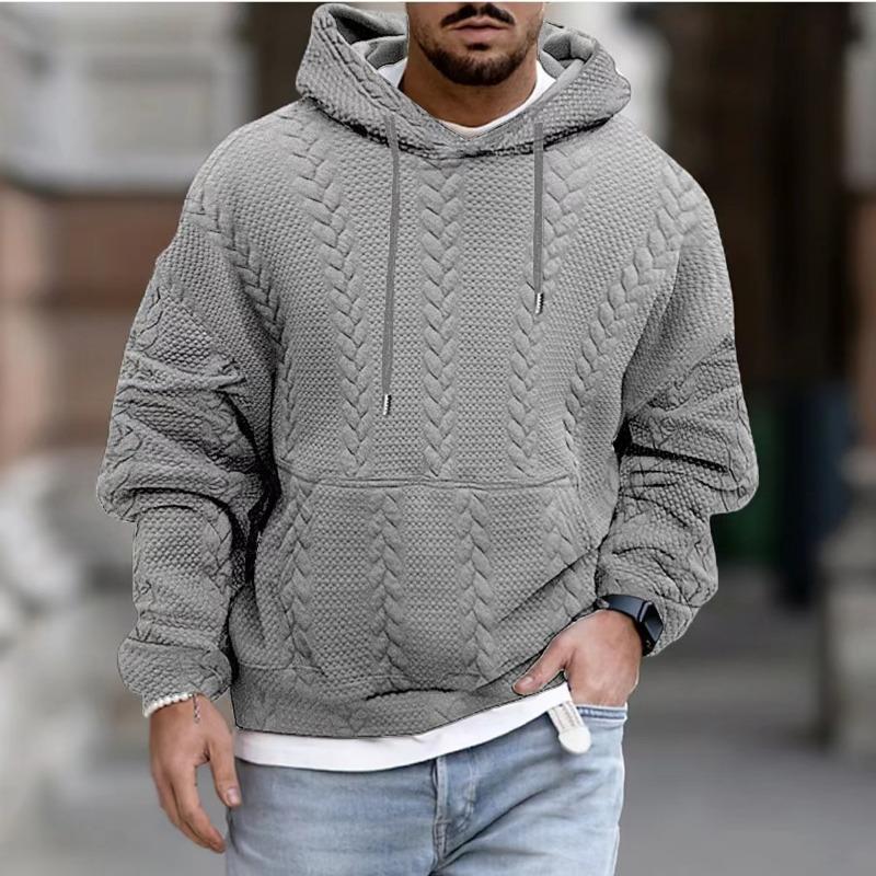 Men S Casual Hooded Pullover Sweatshirt Jacquard Solid Long Sleeve Loose Fit