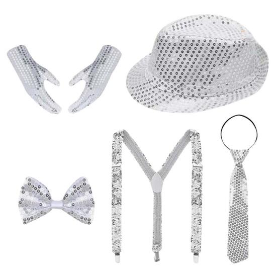 5 Pcs/Set 80s 90s Disco Accessories for Men Women Sequin Hat Harness Belt Gloves Bowtie Necktie Disco Costume Set for Carnival Masquerade Halloween
