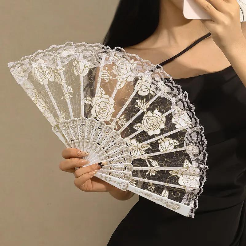1pc Classic European Style Lace Fabric Hand Fan - Foldable Handheld Floral Design Women Weddings Nightclubs Cosplay