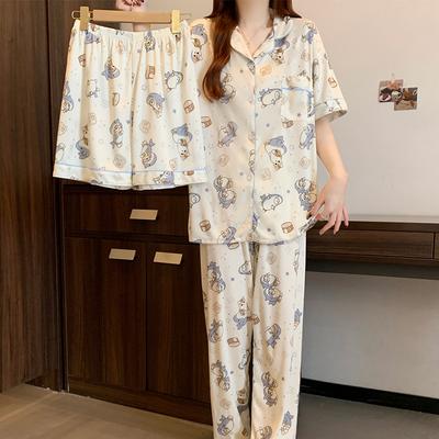 Koreaanse Ins Kleine Kat Kleine Haai Dames 3-delige Pyjama Grappig Schattig Cartoon Print Huispak Nieuwe Lente Melkzijde Nachtkleding