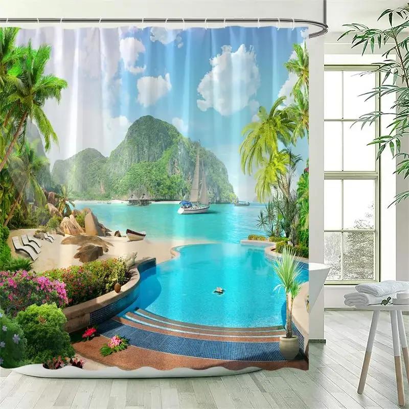 Ocean Landscape Shower Curtain Beach Palm Trees Parrots Dolphins Sea Waves Nature Scenery Bath Curtains Fabric Bathroom Decor