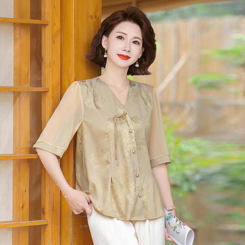 Stylish Summer Chinese Style T-Shirt for Middle-Aged and Elderly Mothers