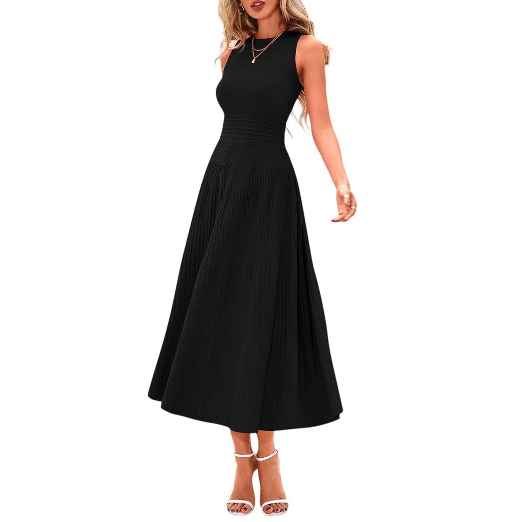 Frühlings-Freizeitkleider für Damen Sommer Business Arbeit Midi Ärmellos A-Linie Plissiertes Cocktailkleid